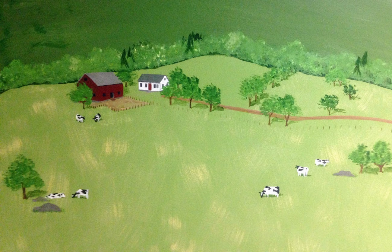 Mural of a red barn and a white farmhouse in a big field near some cows.