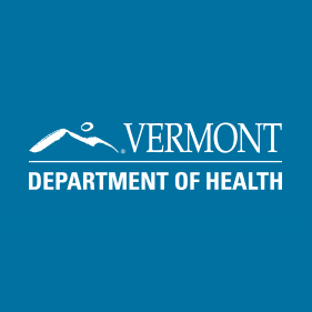 Vermont Department of Health written in white letters on a blue background next to a logo of a mountain.